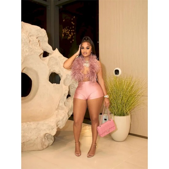 Women Fashion Sexy Feather Halter-Neck Backlesscrop Top Tight Shorts Two-Piece Set