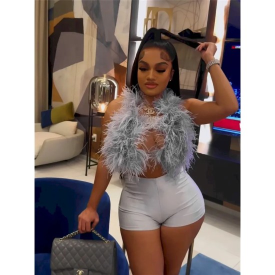 Women Fashion Sexy Feather Halter-Neck Backlesscrop Top Tight Shorts Two-Piece Set