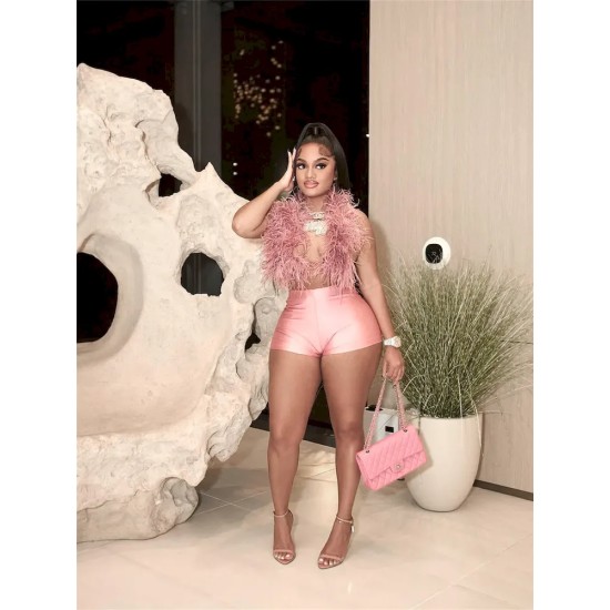 Women Fashion Sexy Feather Halter-Neck Backlesscrop Top Tight Shorts Two-Piece Set