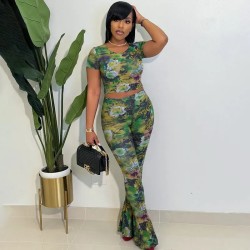 Women Sexy See-Through Mesh Print Top And Pants Two-Piece Set