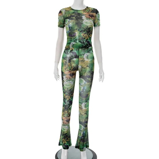 Women Sexy See-Through Mesh Print Top And Pants Two-Piece Set