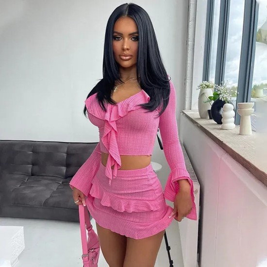 Summer Women Sexy Ruffled Long Sleeve Top And Skirt Two-Piece Set