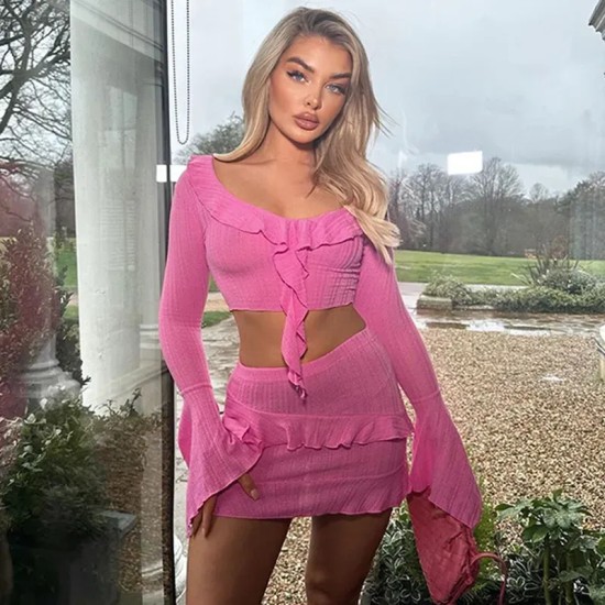 Summer Women Sexy Ruffled Long Sleeve Top And Skirt Two-Piece Set