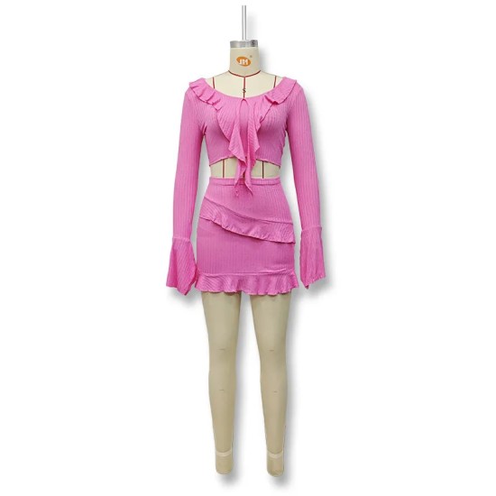 Summer Women Sexy Ruffled Long Sleeve Top And Skirt Two-Piece Set