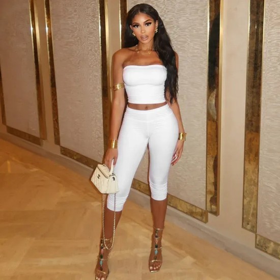 Women Sexy Solid Color Strapless Top And Shorts Two-Piece Set