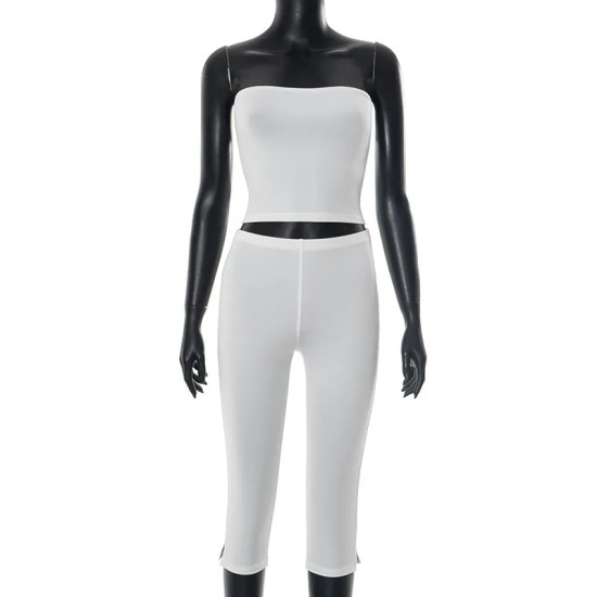 Women Sexy Solid Color Strapless Top And Shorts Two-Piece Set