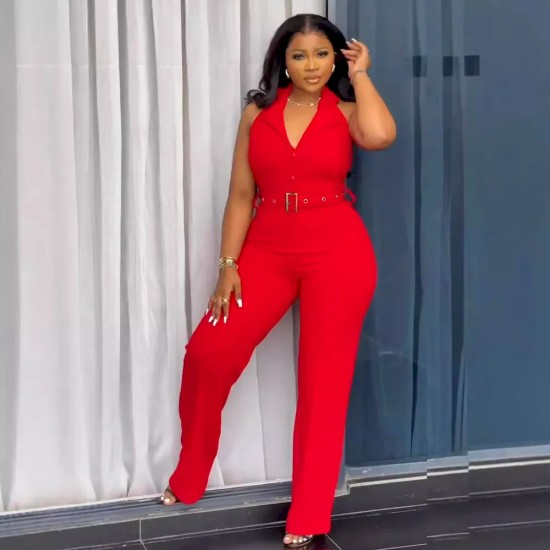 Women Fashion Sexy Solid Color V-Neck Backless Belt Wide-Leg Jumpsuit