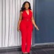 Women Fashion Sexy Solid Color V-Neck Backless Belt Wide-Leg Jumpsuit