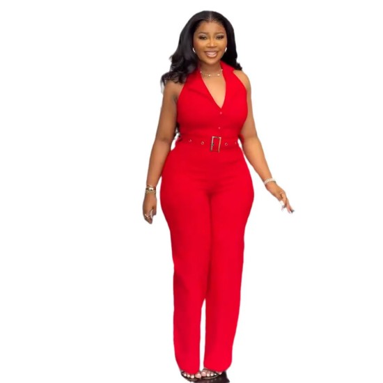Women Fashion Sexy Solid Color V-Neck Backless Belt Wide-Leg Jumpsuit