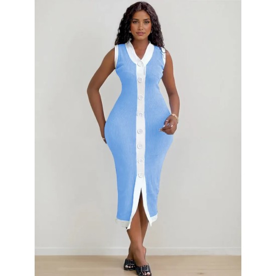 Women Fashion Casual Contrast Color Knitted V-Neck Sleeveless Slim Fit Dress