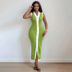 Women Fashion Casual Contrast Color Knitted V-Neck Sleeveless Slim Fit Dress