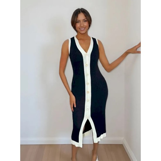 Women Fashion Casual Contrast Color Knitted V-Neck Sleeveless Slim Fit Dress