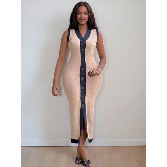 Women Fashion Casual Contrast Color Knitted V-Neck Sleeveless Slim Fit Dress