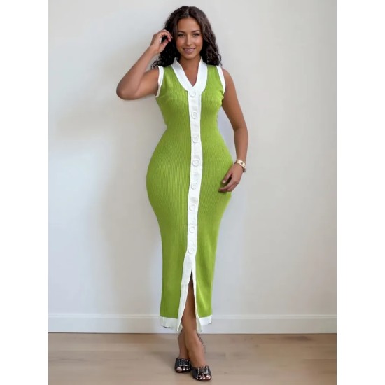 Women Fashion Casual Contrast Color Knitted V-Neck Sleeveless Slim Fit Dress