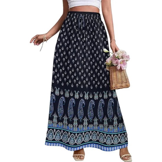 Women Fashion Casual Floral Printed Loose High Waist Skirt