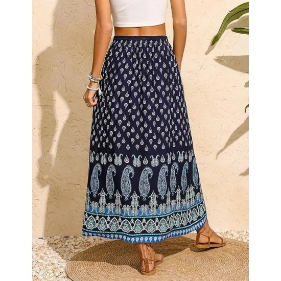 Women Fashion Casual Floral Printed Loose High Waist Skirt