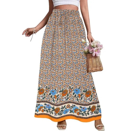 Women Fashion Casual Floral Printed Loose High Waist Skirt