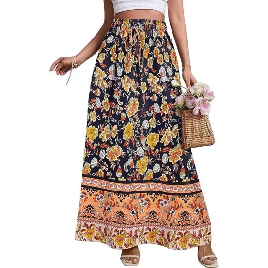 Women Fashion Casual Floral Printed Loose High Waist Skirt