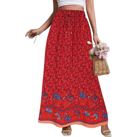 Women Fashion Casual Floral Printed Loose High Waist Skirt