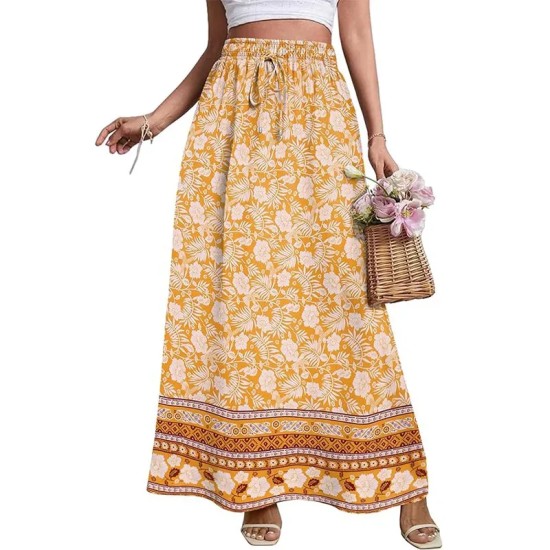 Women Fashion Casual Floral Printed Loose High Waist Skirt