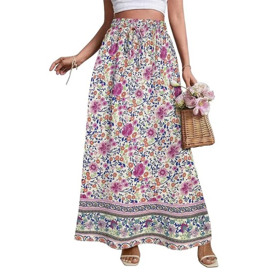 Women Fashion Casual Floral Printed Loose High Waist Skirt
