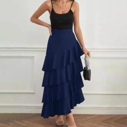 Women Fashion Casual Solid Color Ruffled High Waist Skirt