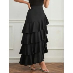 Women Fashion Casual Solid Color Ruffled High Waist Skirt