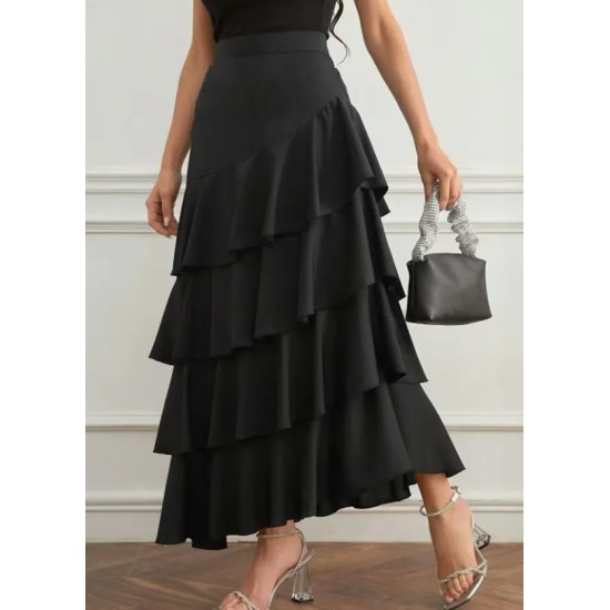 Women Fashion Casual Solid Color Ruffled High Waist Skirt