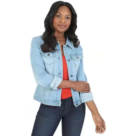 Women Fashion Casual Lapel Long-Sleeve Slim-Fit Denim Jacket