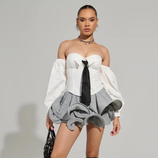 Women Fashion Irregular Solid Color High Waist Puffy Skirt