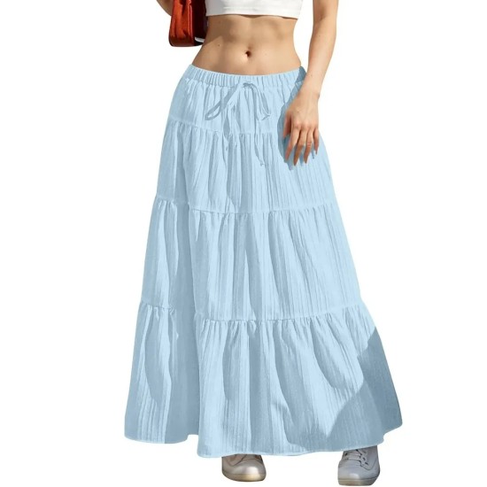Women Fashion Casual Solid Color Drawstring Loose Skirts