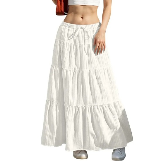 Women Fashion Casual Solid Color Drawstring Loose Skirts