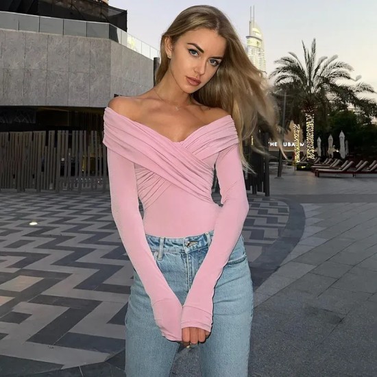 Spring And Autumn Elegant Fashionable V-Neck Off-Shoulder Long-Sleeved Slim-Fit Bodysuit