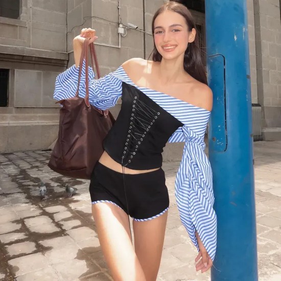 Women Fashion Off-Shoulder Shirt And Shorts Two-Piece Set