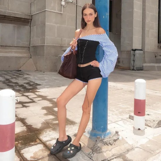 Women Fashion Off-Shoulder Shirt And Shorts Two-Piece Set