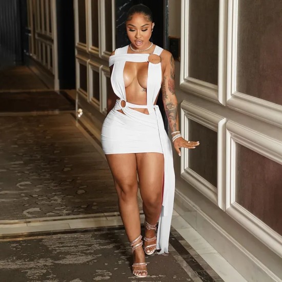 Women Fashion Sexy Solid Color Irregular Ring Hollow-Out Cross Sleeveless Tight Dress