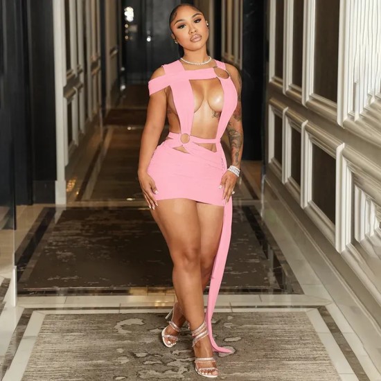 Women Fashion Sexy Solid Color Irregular Ring Hollow-Out Cross Sleeveless Tight Dress