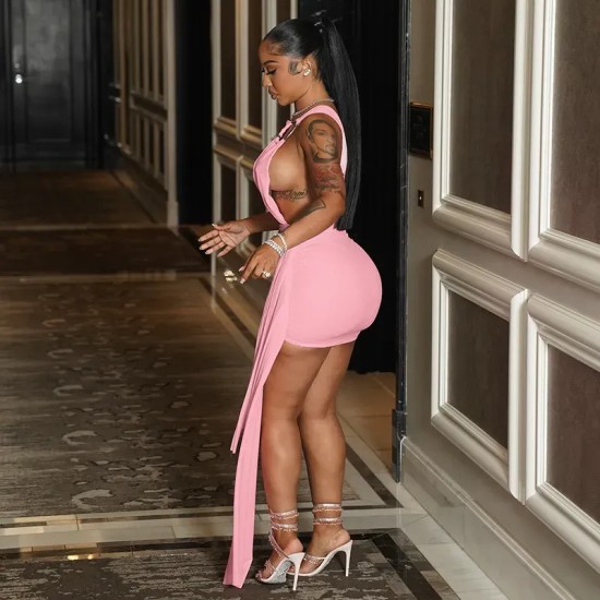 Women Fashion Sexy Solid Color Irregular Ring Hollow-Out Cross Sleeveless Tight Dress