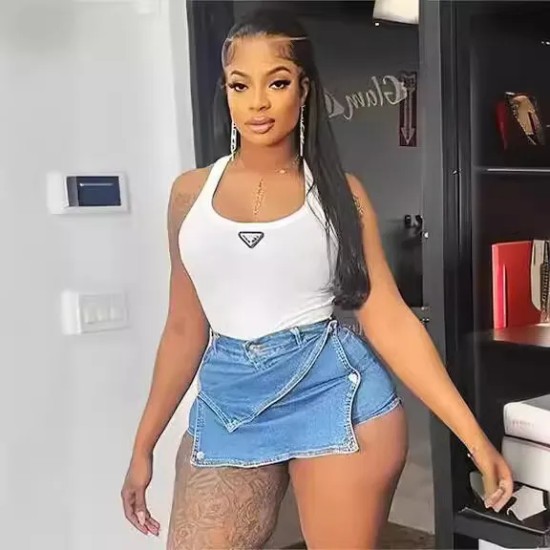 Women Fashion Sexy Irregular Solid Color Stretch Denim Shorts