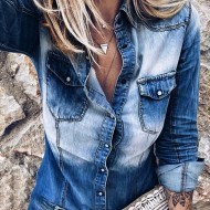 Women Fashion Casual Lapel Long Sleeve Pocket Denim Coat