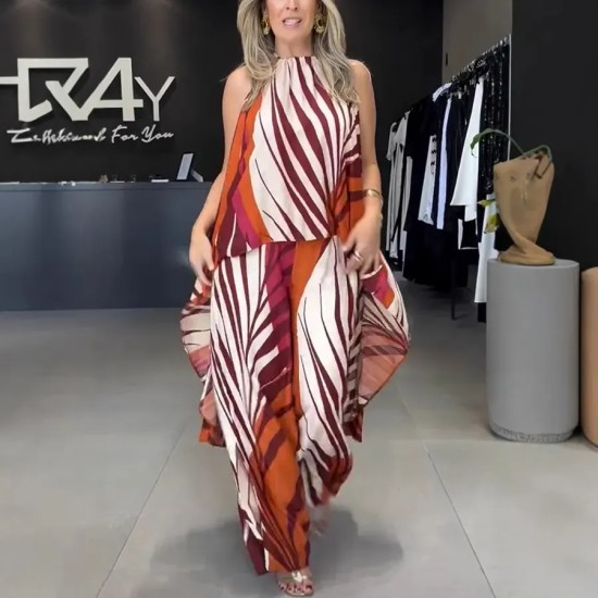 Summer Women Casual Print Top And Pants Two-Piece Set