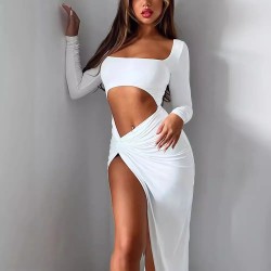 Spring And Autumn Women Sexy Street Fashion Cut Out Square Collar Slit Dress