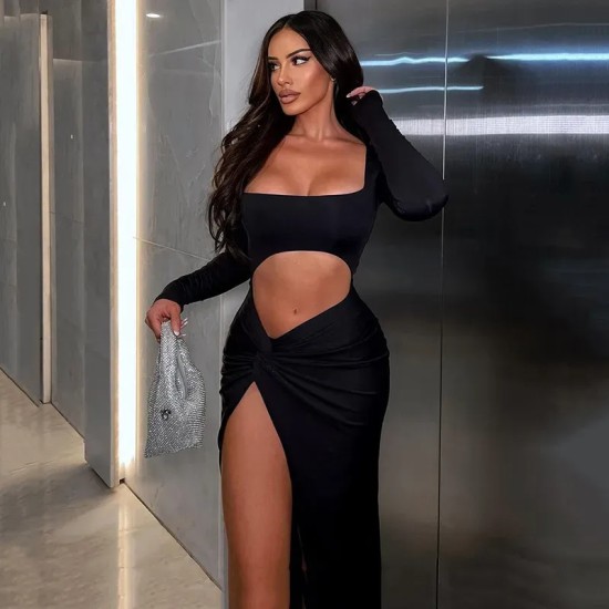 Spring And Autumn Women Sexy Street Fashion Cut Out Square Collar Slit Dress