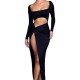 Spring And Autumn Women Sexy Street Fashion Cut Out Square Collar Slit Dress