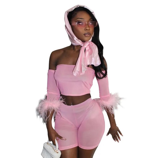 Women Fashion Off-Shoulder Plush Top And Shorts Two-Piece Set