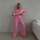 Women Fashion Casual Simple Solid Color Long-Sleeve Sweatshirt Loose Pants Two-Piece Set