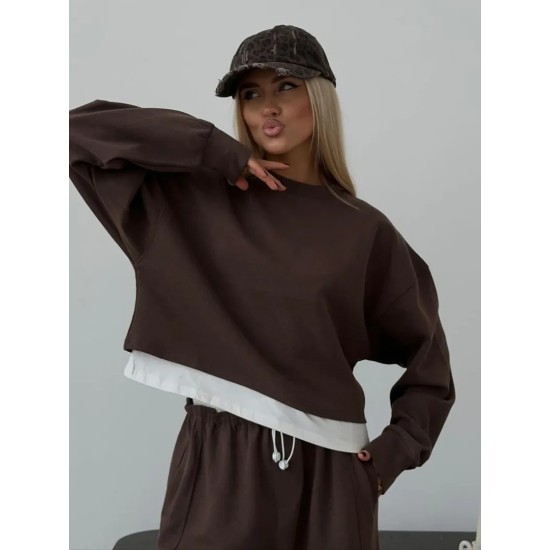 Women Fashion Casual Simple Solid Color Long-Sleeve Sweatshirt Loose Pants Two-Piece Set