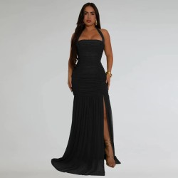 Women Fashion Sexy Solid Color Pleated Mesh Halter-Neck Backless Split Dress