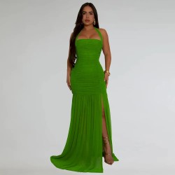 Women Fashion Sexy Solid Color Pleated Mesh Halter-Neck Backless Split Dress