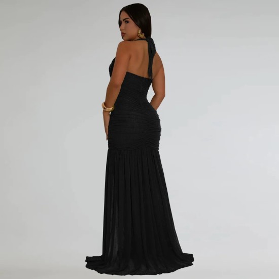 Women Fashion Sexy Solid Color Pleated Mesh Halter-Neck Backless Split Dress